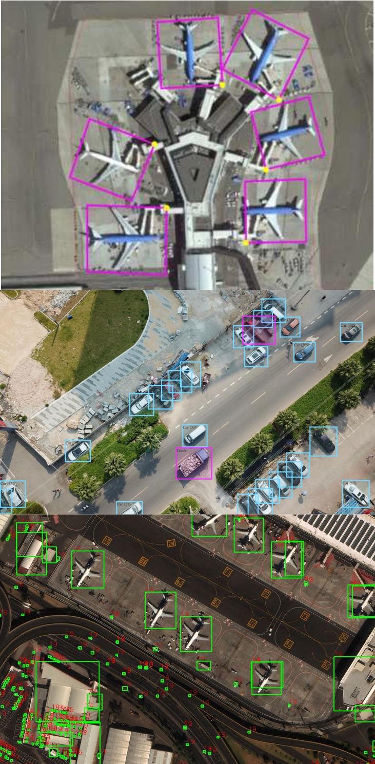 Samples: DOTA (oriented), VisDrone (crowded), xView (satellite)